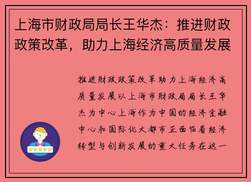 上海市财政局局长王华杰：推进财政政策改革，助力上海经济高质量发展