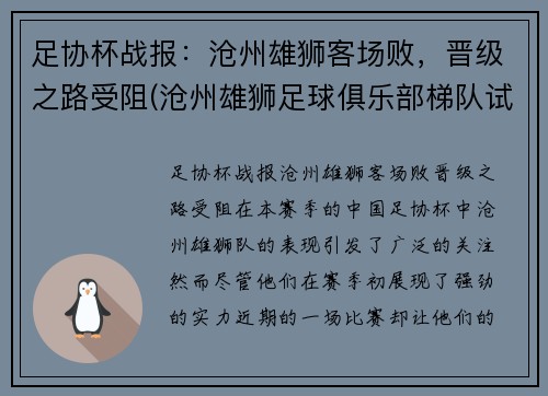 足协杯战报：沧州雄狮客场败，晋级之路受阻(沧州雄狮足球俱乐部梯队试训)