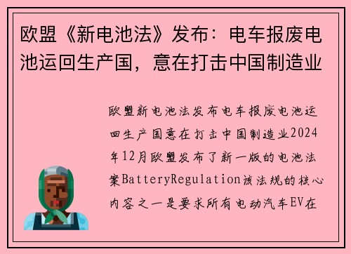 欧盟《新电池法》发布：电车报废电池运回生产国，意在打击中国制造业？